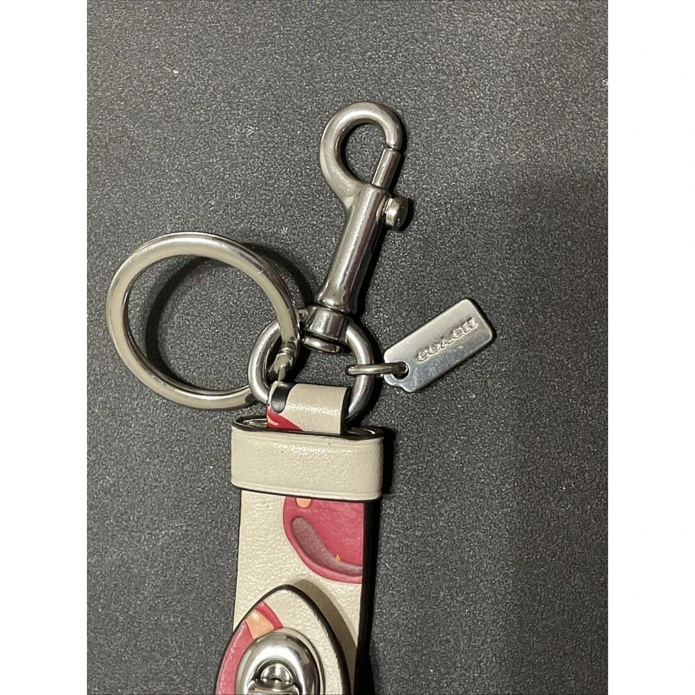 Coach Chalk White & Red Cherries Leather Keychain Valet Fob Turnlock Silver Tone